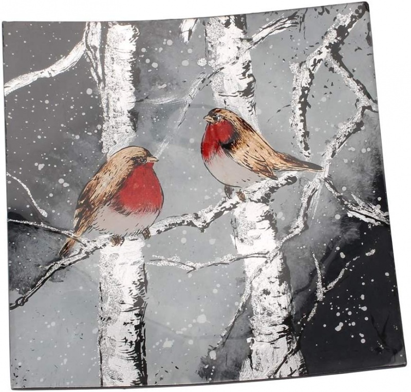Square Glass Plate curved  - Winter Robin